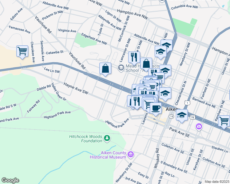 map of restaurants, bars, coffee shops, grocery stores, and more near 121 Florence Street Southwest in Aiken