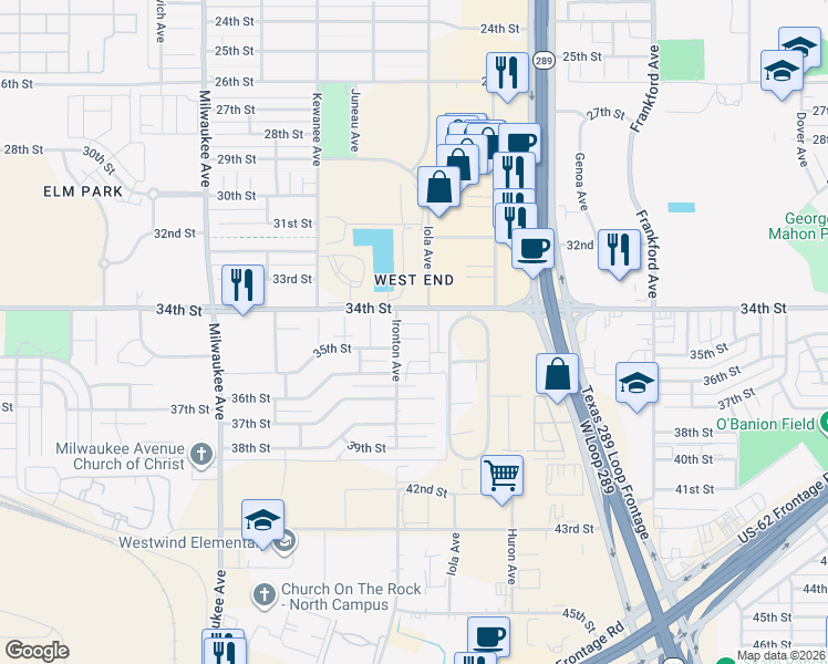 map of restaurants, bars, coffee shops, grocery stores, and more near 6108 35th Street in Lubbock