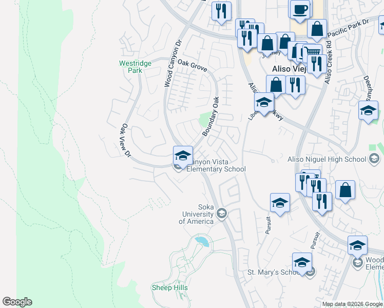 map of restaurants, bars, coffee shops, grocery stores, and more near 9 Trofello Lane in Aliso Viejo