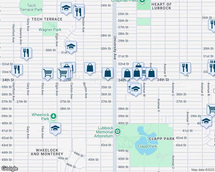 map of restaurants, bars, coffee shops, grocery stores, and more near 2506 35th Street in Lubbock