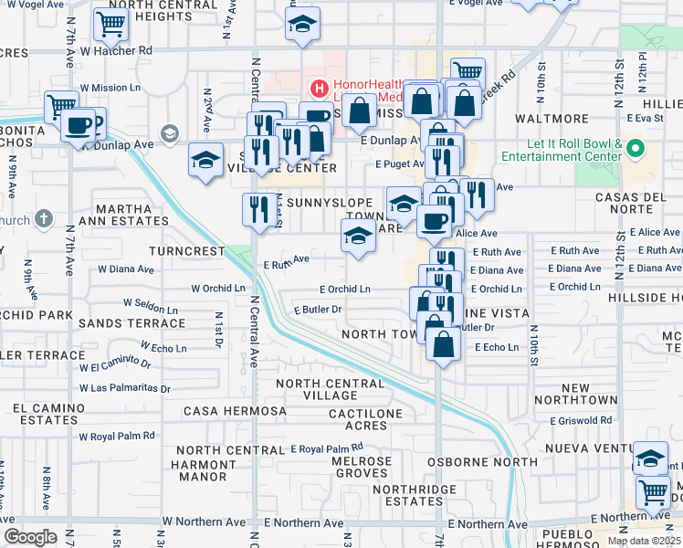 map of restaurants, bars, coffee shops, grocery stores, and more near 8602 North 3rd Street in Phoenix