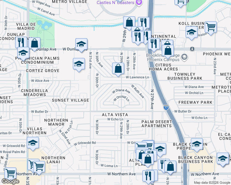 map of restaurants, bars, coffee shops, grocery stores, and more near 2917 West Diana Avenue in Phoenix