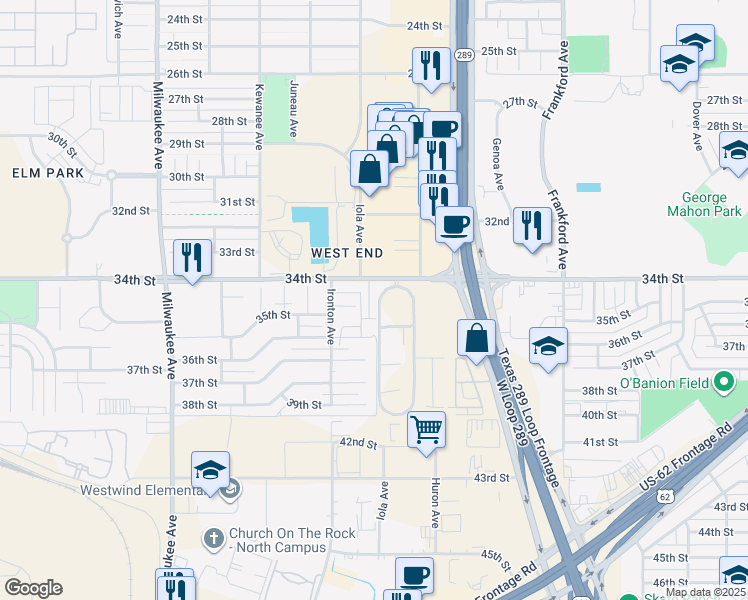 map of restaurants, bars, coffee shops, grocery stores, and more near 3415 Hyden Avenue in Lubbock