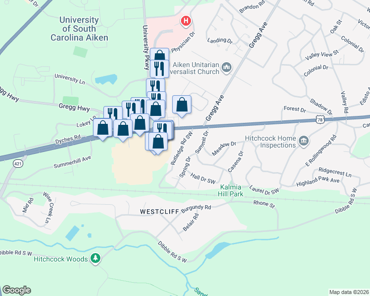 map of restaurants, bars, coffee shops, grocery stores, and more near 818 Rutledge Road Southwest in Aiken