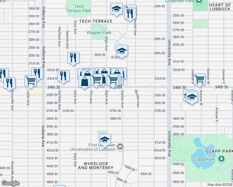 map of restaurants, bars, coffee shops, grocery stores, and more near 2818 35th Street in Lubbock