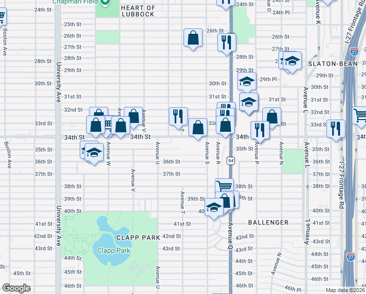 map of restaurants, bars, coffee shops, grocery stores, and more near 1919 34th Street in Lubbock