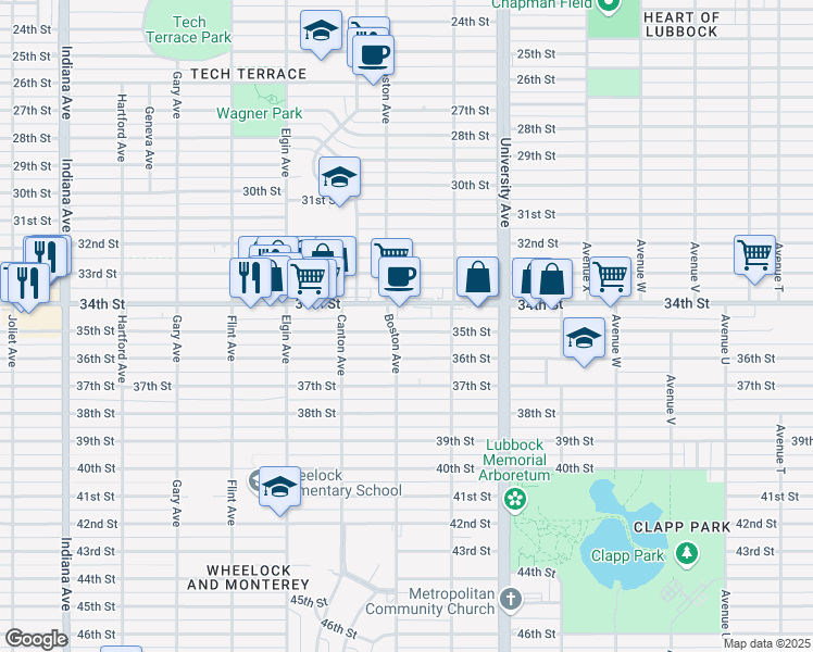 map of restaurants, bars, coffee shops, grocery stores, and more near 2618 35th Street in Lubbock