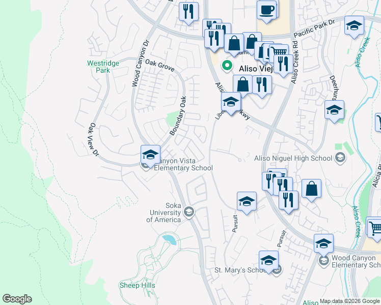 map of restaurants, bars, coffee shops, grocery stores, and more near 12 Seven Kings Place in Aliso Viejo