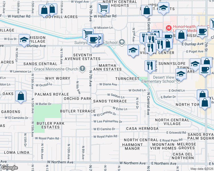 map of restaurants, bars, coffee shops, grocery stores, and more near 341 West Diana Avenue in Phoenix