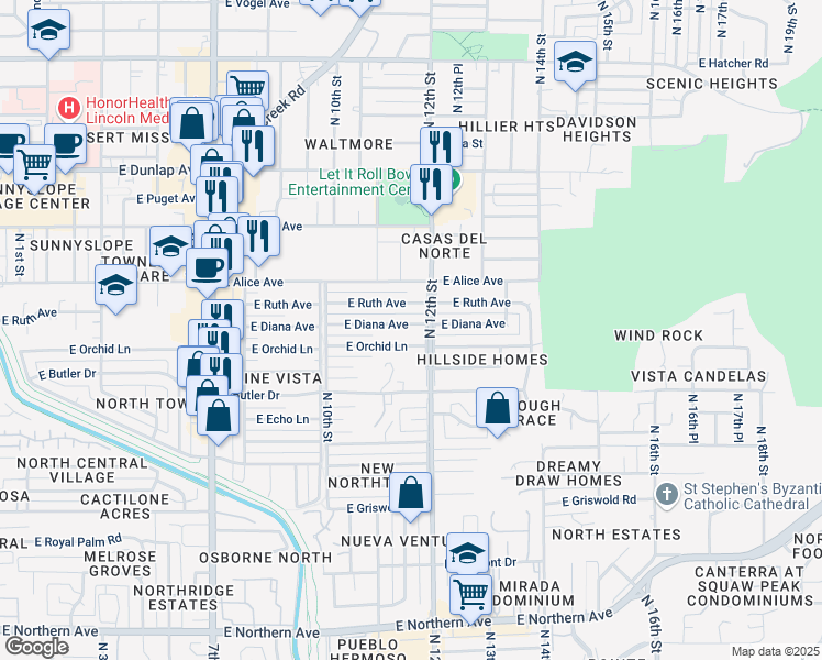 map of restaurants, bars, coffee shops, grocery stores, and more near 1133 East Diana Avenue in Phoenix