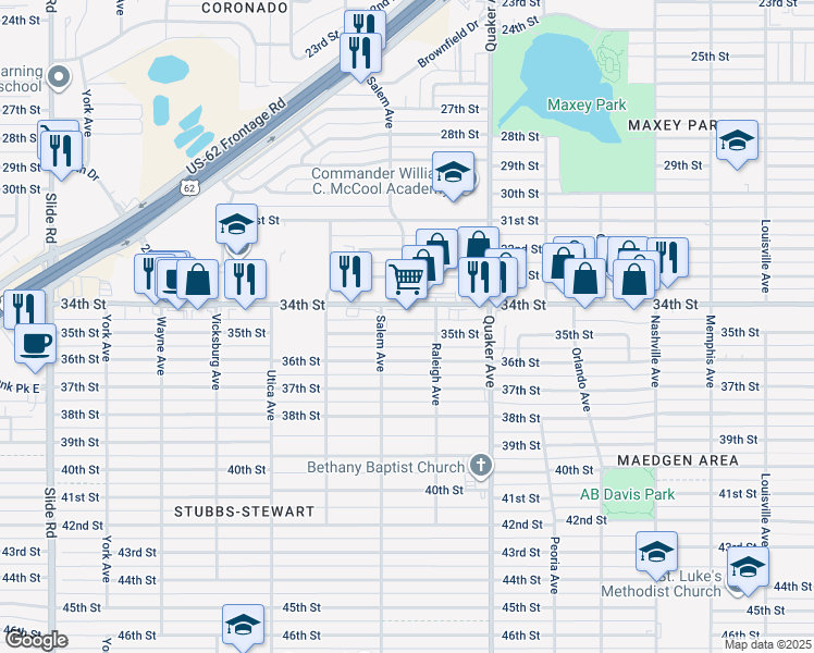map of restaurants, bars, coffee shops, grocery stores, and more near 4514 35th Street in Lubbock