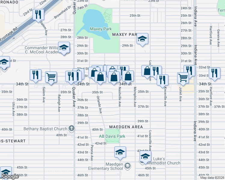 map of restaurants, bars, coffee shops, grocery stores, and more near 4104 35th Street in Lubbock