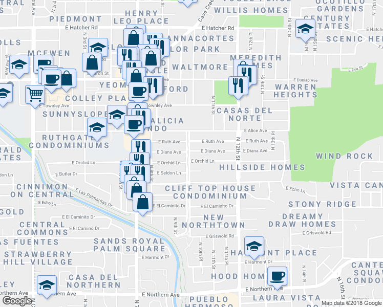 map of restaurants, bars, coffee shops, grocery stores, and more near 1001 East Diana Avenue in Phoenix