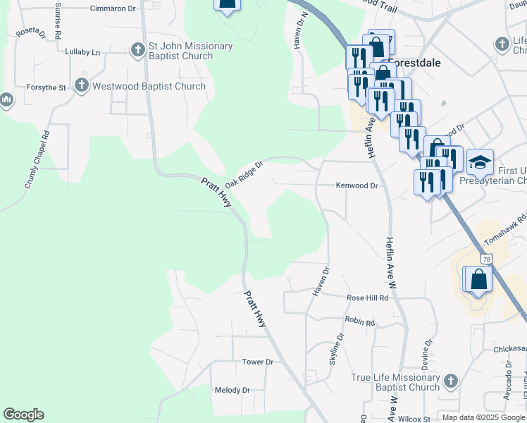 map of restaurants, bars, coffee shops, grocery stores, and more near 1469 Pratt Highway in Birmingham