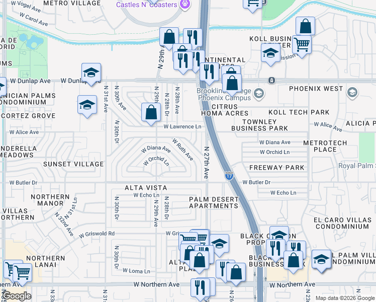 map of restaurants, bars, coffee shops, grocery stores, and more near 2729 West Ruth Avenue in Phoenix