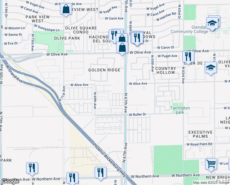 map of restaurants, bars, coffee shops, grocery stores, and more near 6754 West Ruth Avenue in Peoria