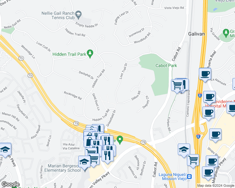 map of restaurants, bars, coffee shops, grocery stores, and more near 27562 Lost Trail Drive in Laguna Hills