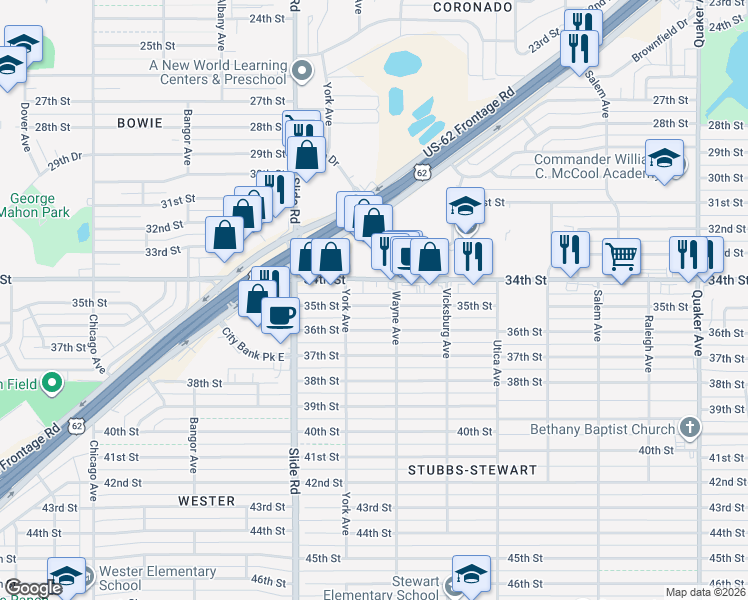 map of restaurants, bars, coffee shops, grocery stores, and more near 5010 35th Street in Lubbock