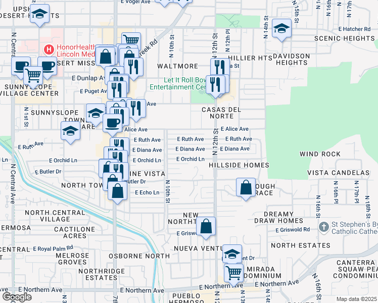map of restaurants, bars, coffee shops, grocery stores, and more near 1041 East Diana Avenue in Phoenix