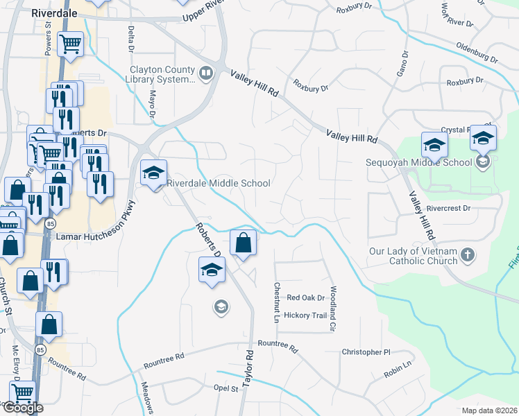 map of restaurants, bars, coffee shops, grocery stores, and more near 7034 Adel Lane in Riverdale