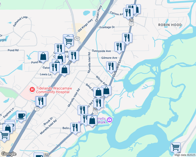 map of restaurants, bars, coffee shops, grocery stores, and more near 545 Wilcox Avenue in Murrells Inlet