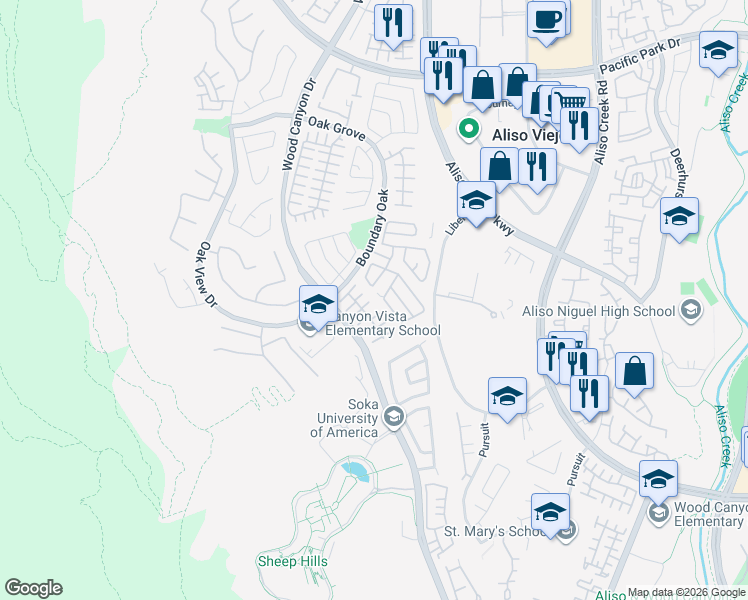 map of restaurants, bars, coffee shops, grocery stores, and more near 43 Trofello Lane in Aliso Viejo