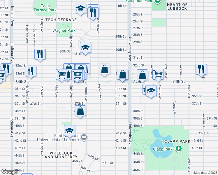 map of restaurants, bars, coffee shops, grocery stores, and more near 2614 35th Street in Lubbock
