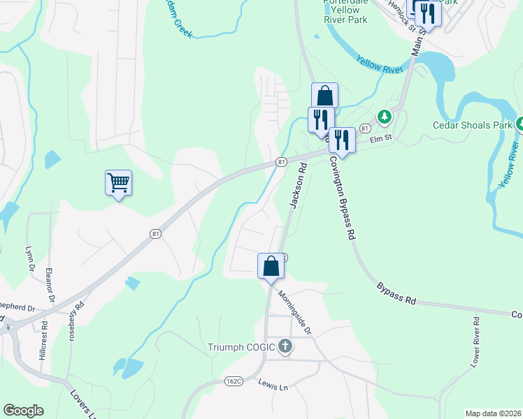 map of restaurants, bars, coffee shops, grocery stores, and more near 90 Wynfield Drive in Covington