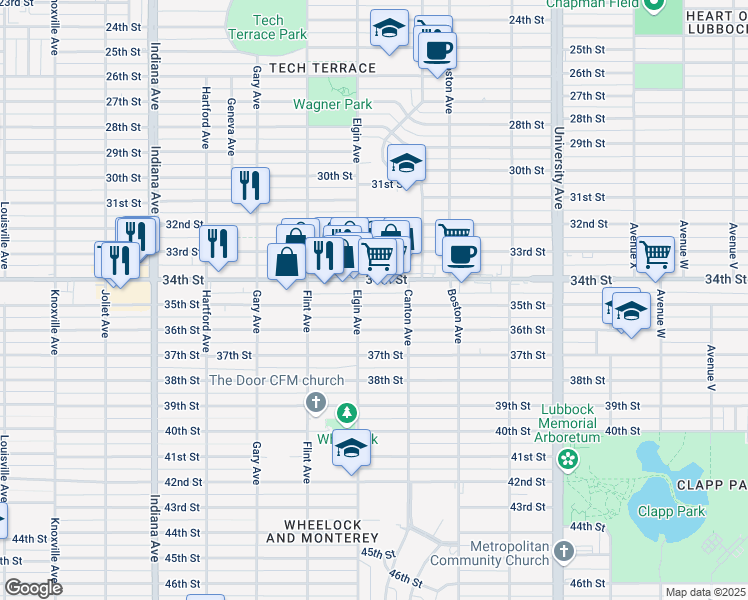 map of restaurants, bars, coffee shops, grocery stores, and more near 2818 35th Street in Lubbock