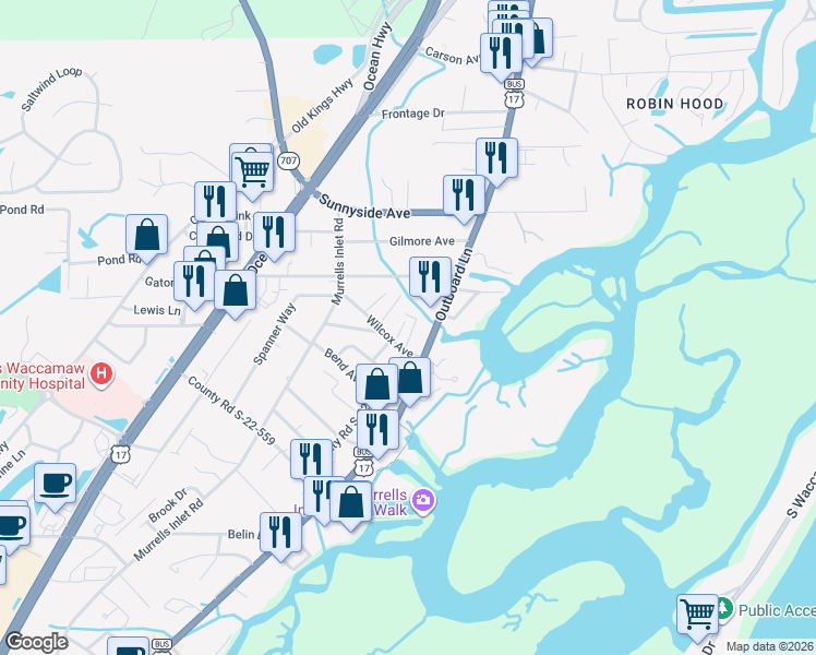 map of restaurants, bars, coffee shops, grocery stores, and more near 3880 Flagg Street in Murrells Inlet