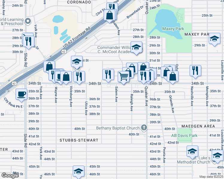 map of restaurants, bars, coffee shops, grocery stores, and more near 4608 35th Street in Lubbock
