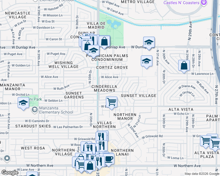 map of restaurants, bars, coffee shops, grocery stores, and more near 3405 West Diana Avenue in Phoenix