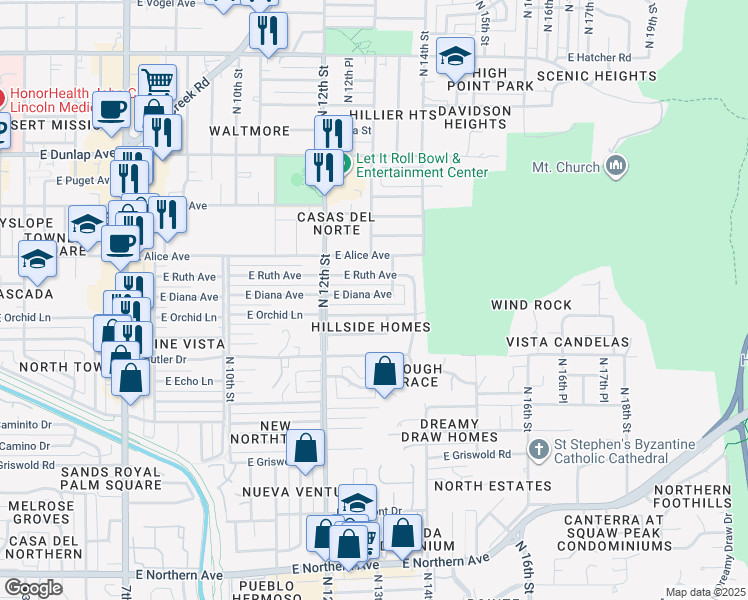 map of restaurants, bars, coffee shops, grocery stores, and more near 1307 East Diana Avenue in Phoenix