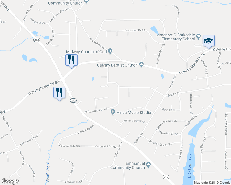 map of restaurants, bars, coffee shops, grocery stores, and more near 246 Bridgewood Drive Southeast in Conyers