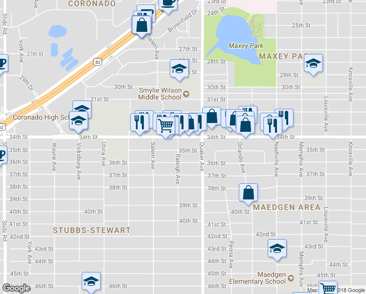 map of restaurants, bars, coffee shops, grocery stores, and more near 4424 35th St in Lubbock