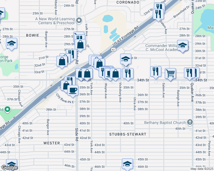 map of restaurants, bars, coffee shops, grocery stores, and more near 4920 35th Street in Lubbock