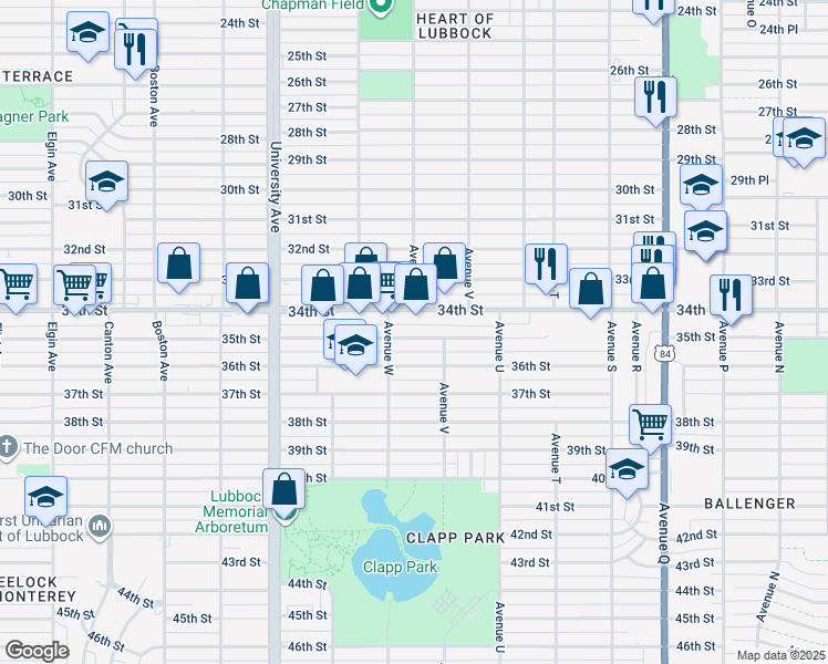 map of restaurants, bars, coffee shops, grocery stores, and more near 2214 35th Street in Lubbock