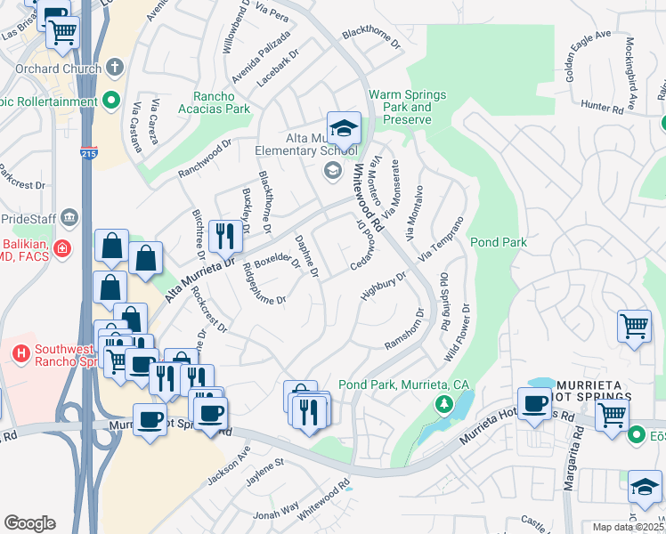 map of restaurants, bars, coffee shops, grocery stores, and more near 25544 Blackwood Road in Murrieta