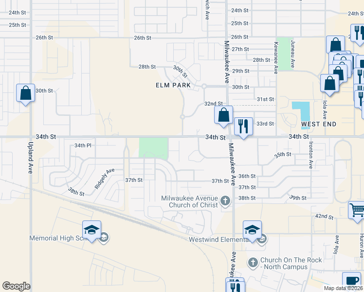 map of restaurants, bars, coffee shops, grocery stores, and more near 3407 Oak Ridge Avenue in Lubbock