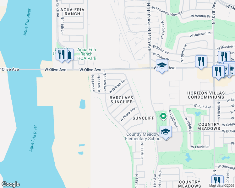 map of restaurants, bars, coffee shops, grocery stores, and more near 11321 West Lawrence Lane in Peoria