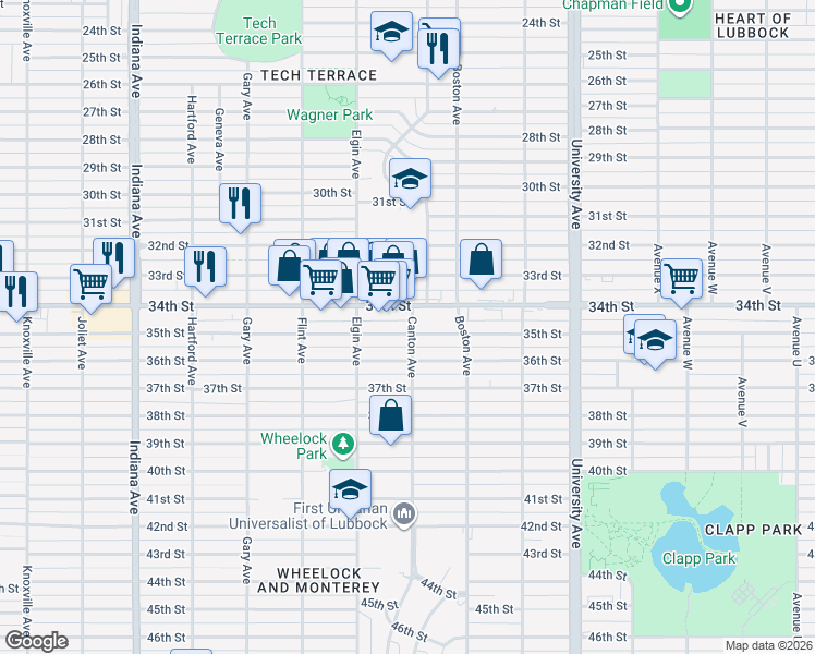 map of restaurants, bars, coffee shops, grocery stores, and more near 2802 35th Street in Lubbock