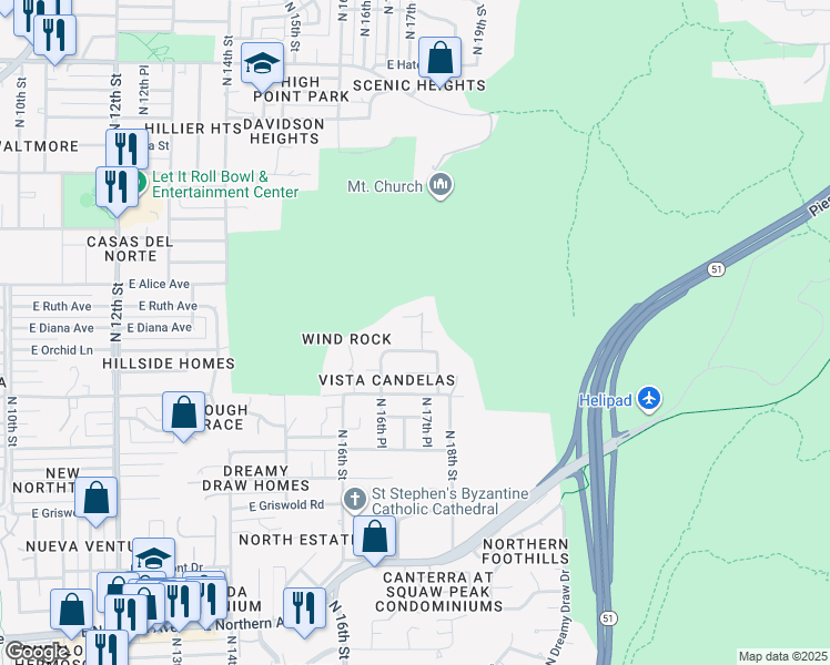 map of restaurants, bars, coffee shops, grocery stores, and more near 8608 North 17th Place in Phoenix