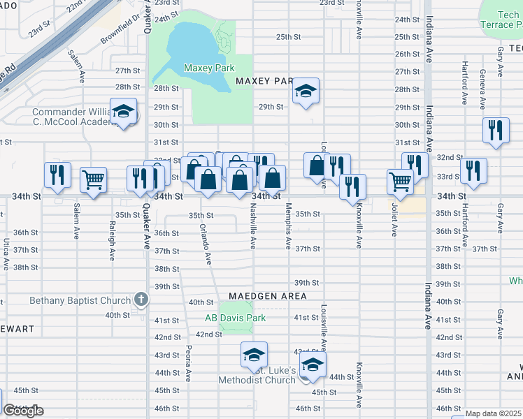 map of restaurants, bars, coffee shops, grocery stores, and more near 3814 35th Street in Lubbock