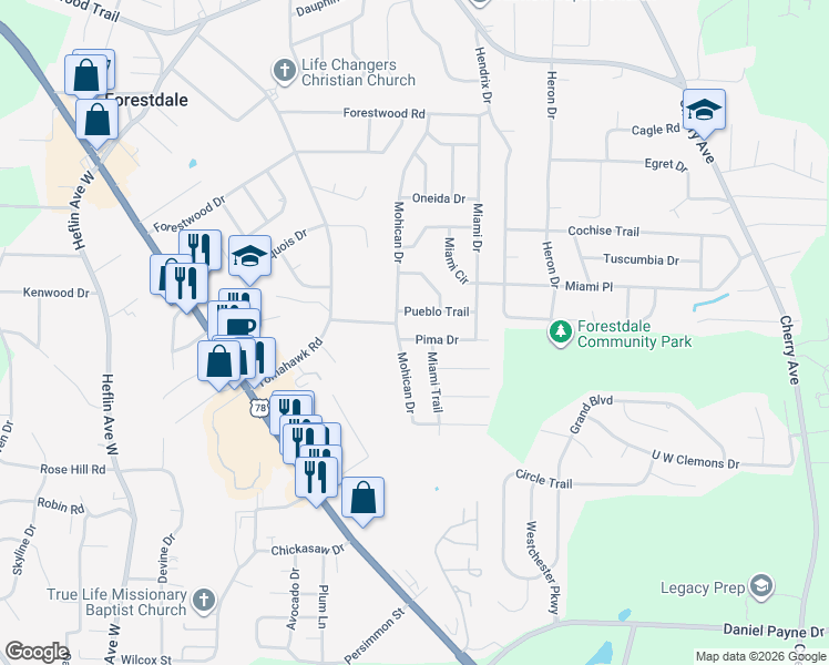 map of restaurants, bars, coffee shops, grocery stores, and more near 704 Pima Drive in Birmingham