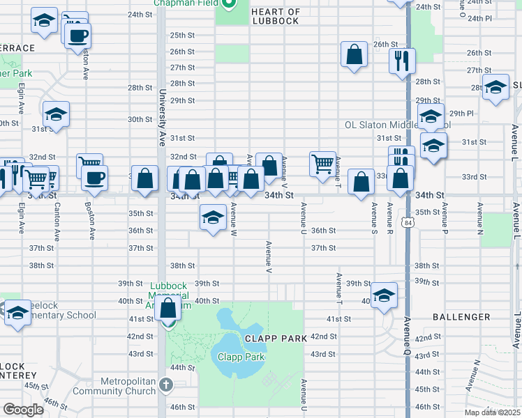 map of restaurants, bars, coffee shops, grocery stores, and more near 2214 35th Street in Lubbock