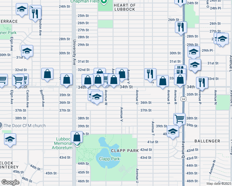 map of restaurants, bars, coffee shops, grocery stores, and more near 2214 35th Street in Lubbock