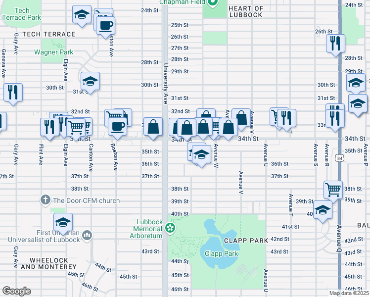 map of restaurants, bars, coffee shops, grocery stores, and more near 2412 35th Street in Lubbock