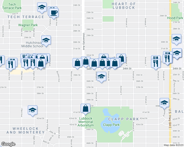 map of restaurants, bars, coffee shops, grocery stores, and more near 2412 35th Street in Lubbock