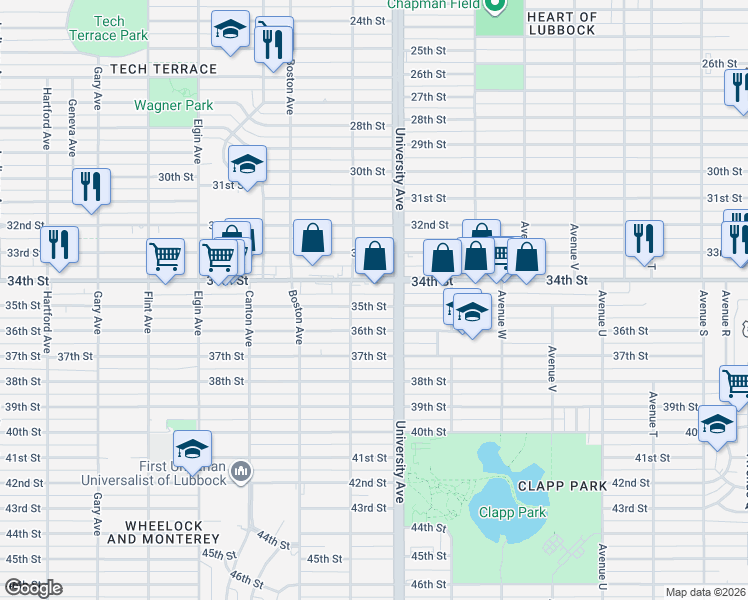 map of restaurants, bars, coffee shops, grocery stores, and more near 2506 35th Street in Lubbock