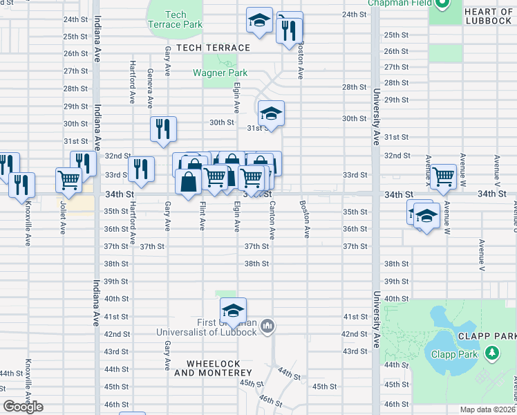 map of restaurants, bars, coffee shops, grocery stores, and more near 2818 35th Street in Lubbock